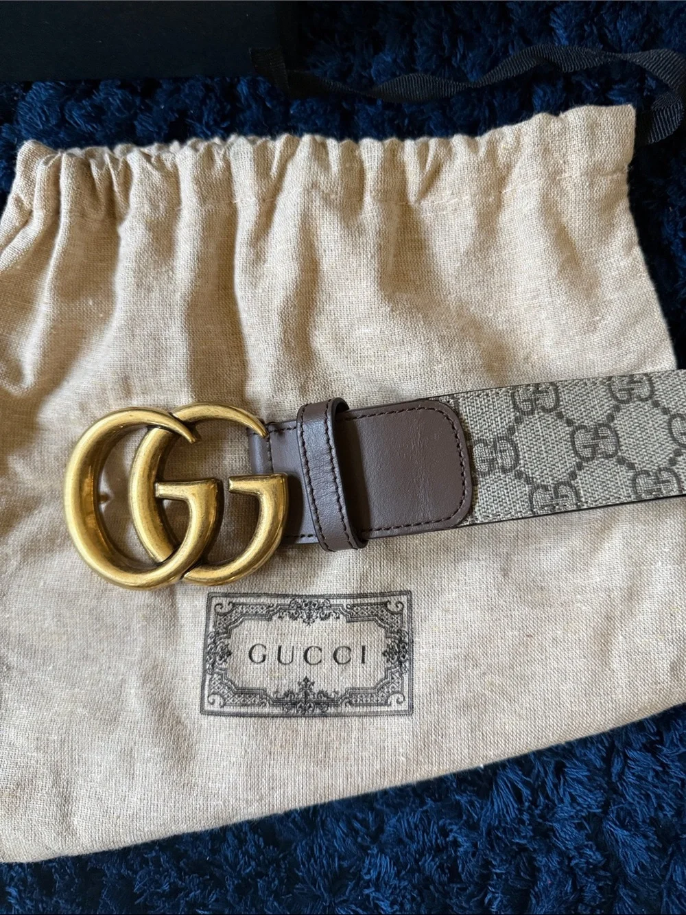 Gucci Beige GG Canvas Belt with Antique Gold Double G Buckle